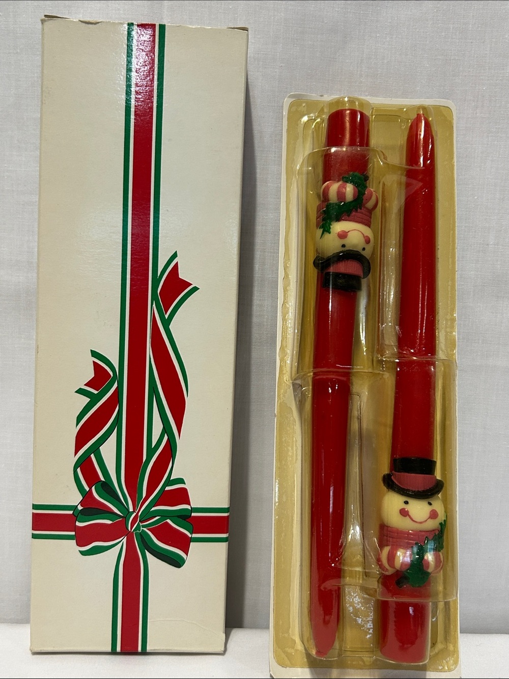 Vintage Avon Holiday Red Snowman Taper Candle Set - includes box.